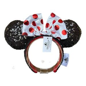😎 Disney Parks Minnie Mouse Black Sequin Ears White Bow Red Metallic Polka Dot 4